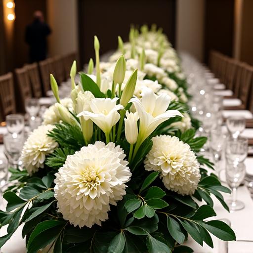 Arrangement floral somptueux en blanc et vert pour une grande table d'événement.