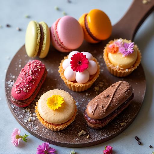Assortiment de pâtisseries fines : macarons, éclairs et tartelettes aux fruits.