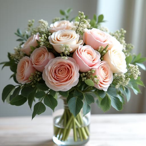 Bouquet romantique de roses, pivoines et feuillages d'eucalyptus frais.