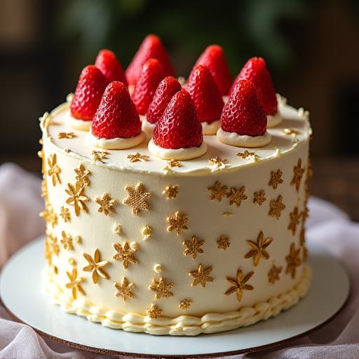 Magnifique gâteau de célébration à la crème, décoré de fraises fraîches et de feuilles d'or.