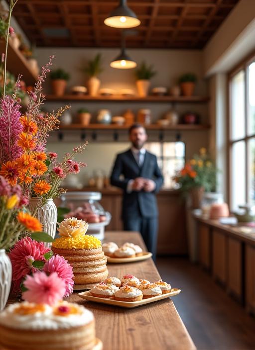 L'intérieur charmant de la boutique Роща Цветов à Paris. Comptoir en bois avec fleurs fraîches et gâteaux artisanaux.