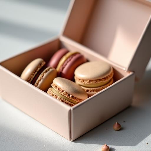Boîte de macarons aux couleurs naturelles, remplis de ganache riche.